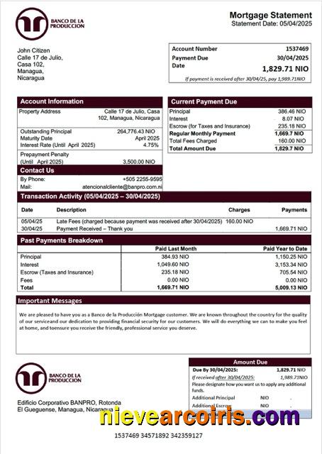 Nicaragua Banco de la Producción mortgage statement Word and PDF template